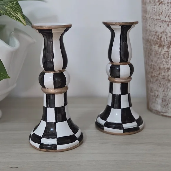 Gorgeous! Hand-Painted, Black and White Checkered Candlesticks! - Picture 3 of 3